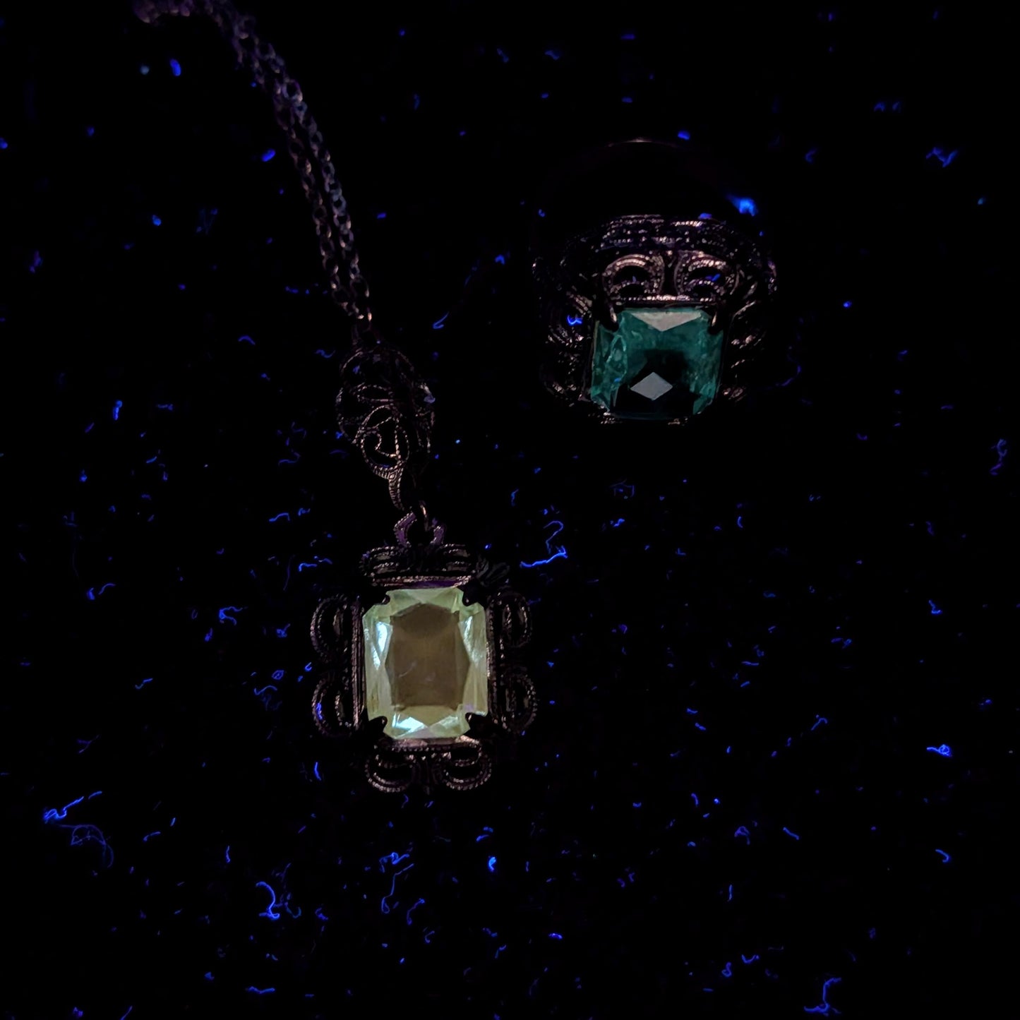 Art Deco Sterling Silver Blue Uranium Glass Set - Ring and Lavalier Necklace