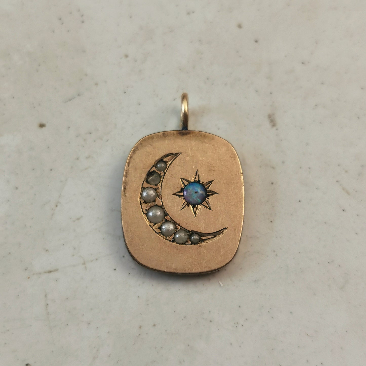 Victorian Gold Fill Seed Pearl Crescent Moon & Opal Star Pendant