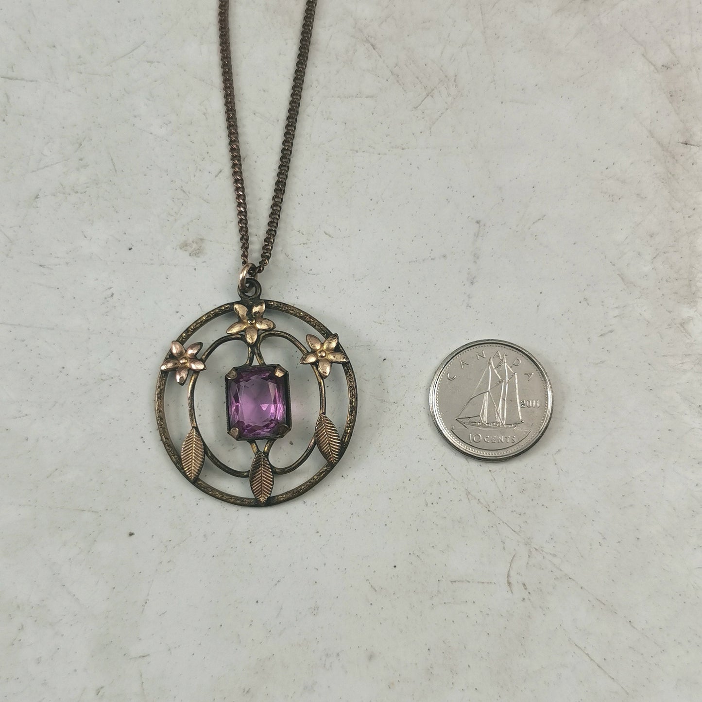 Antique Edwardian Gold Fill on Brass Necklace - Paste Amethyst Lavaliere Necklace - 17.5"