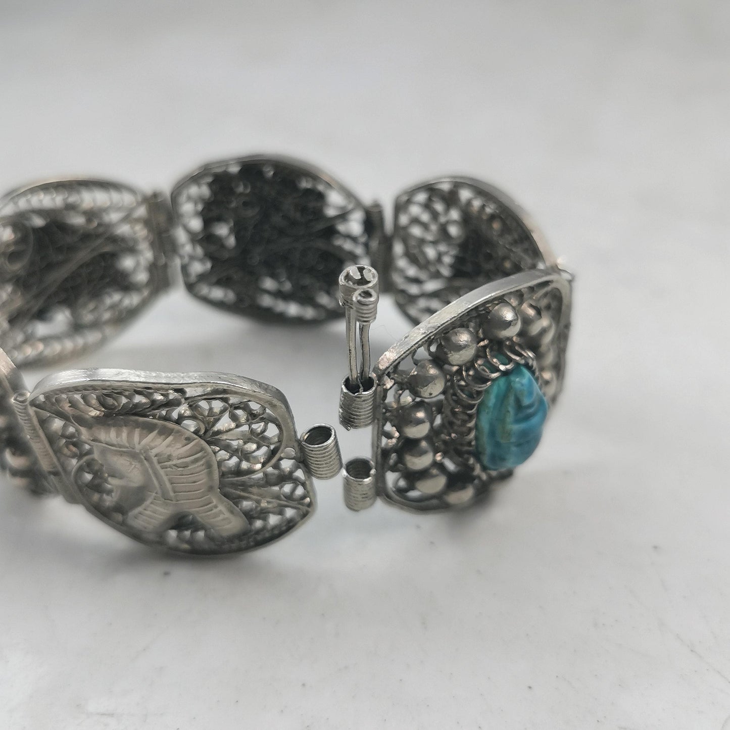 Vintage Egyptian Silver and Faience Scarab Beetle Filigree Bracelet