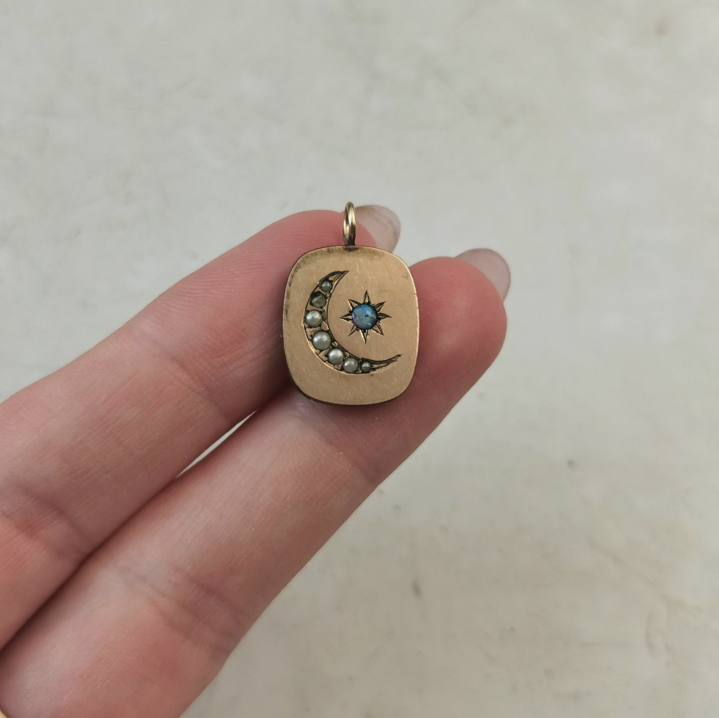 Victorian Gold Fill Seed Pearl Crescent Moon & Opal Star Pendant