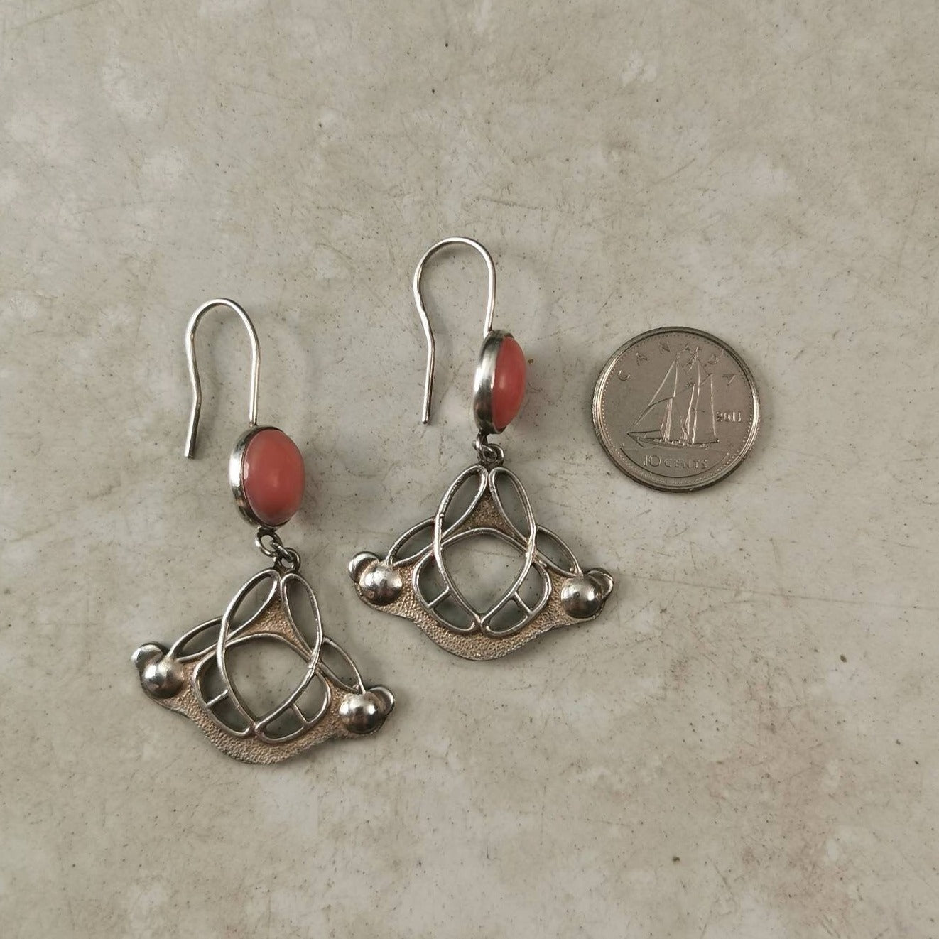 Sterling Silver Art Nouveau Style Russian Coral Dangle Earrings