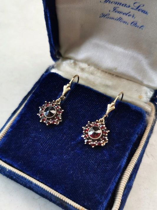 Vintage Bohemian Garnet Lever Back Earrings - Sterling Silver & 14k Gold Filled