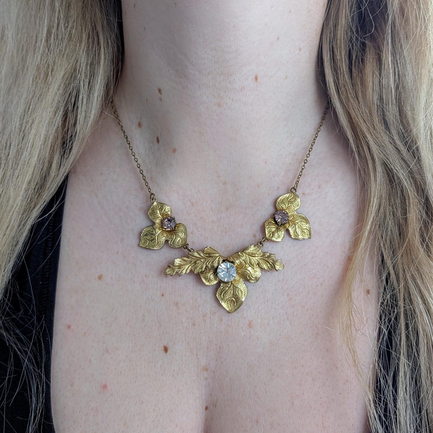 Antique Art Nouveau Brass Ivy Leaf Necklace - Paste Stone Gold Filled Collar Necklace - 16.5"