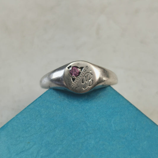 Vintage Sterling Silver Signet Pinky Ring - Initial B  with Pink Gem