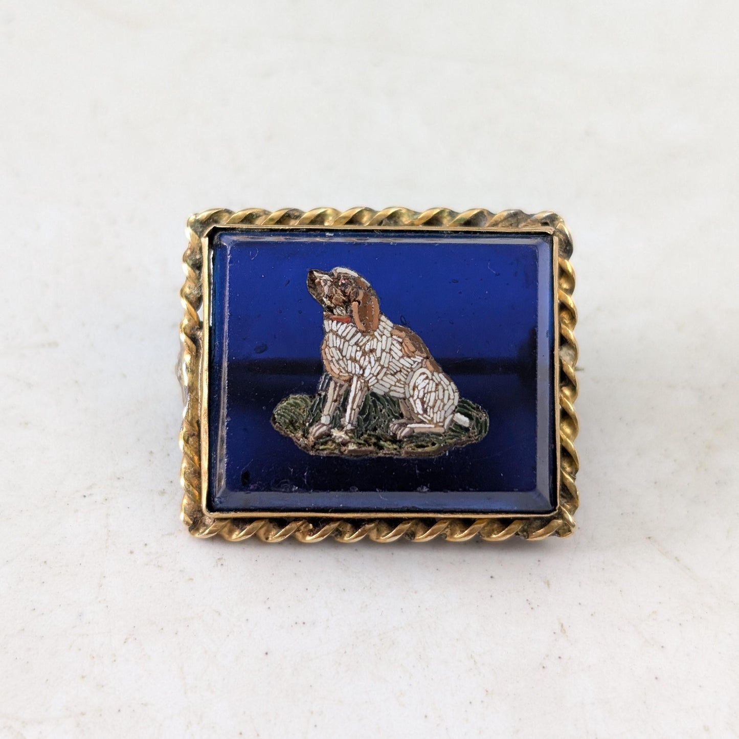 Victorian Gold Plated Micro Mosaic Dog Brooch