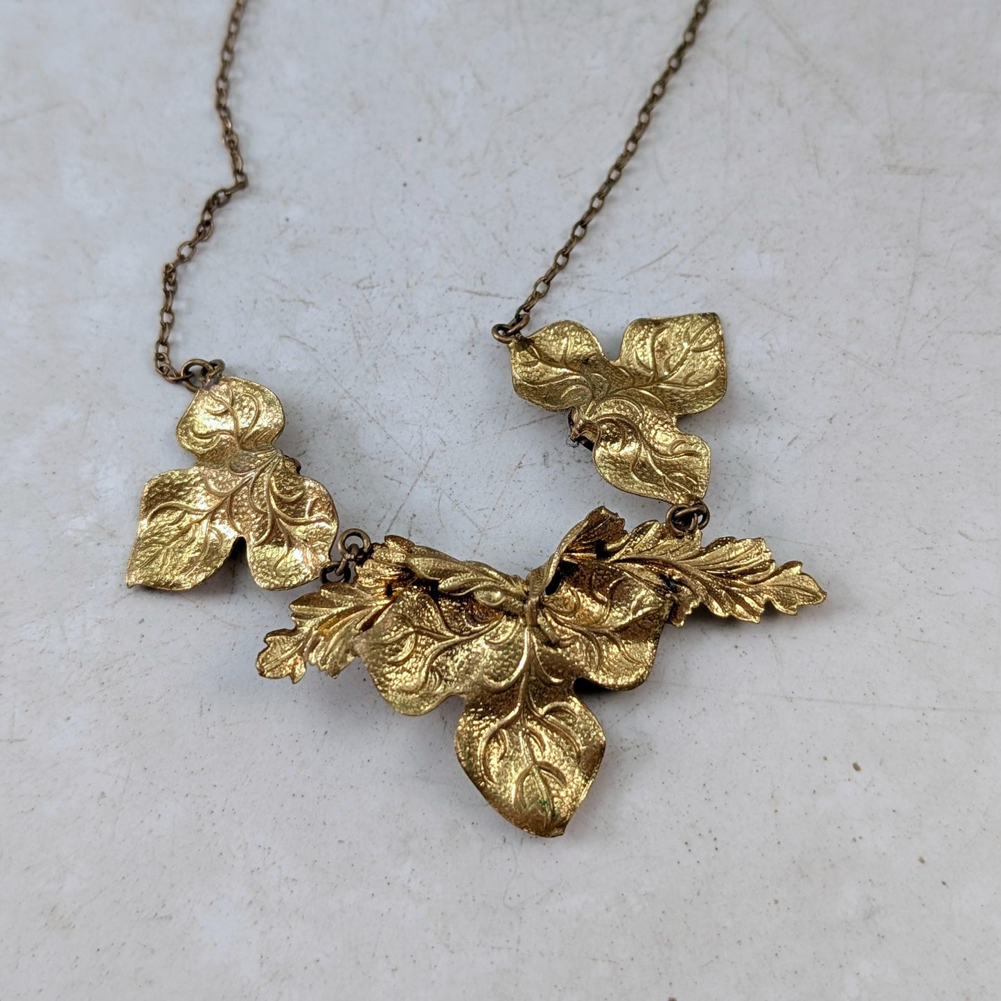 Antique Art Nouveau Brass Ivy Leaf Necklace - Paste Stone Gold Filled Collar Necklace - 16.5"