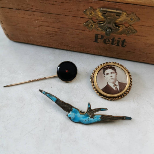 Antique Lot of Gold Filled Pins and Brooches - Blue Bird - Lithograph Picture Frame Brooch - Art Deco Target Stick Pin