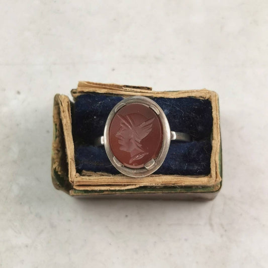 Vintage 835 Silver Carnelian Greek God Hermes Intaglio Ring