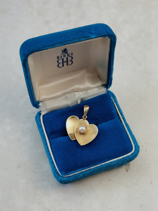Vintage Birks 14k Yellow Gold Double Heart Pendant - Cultured Pearl - Love