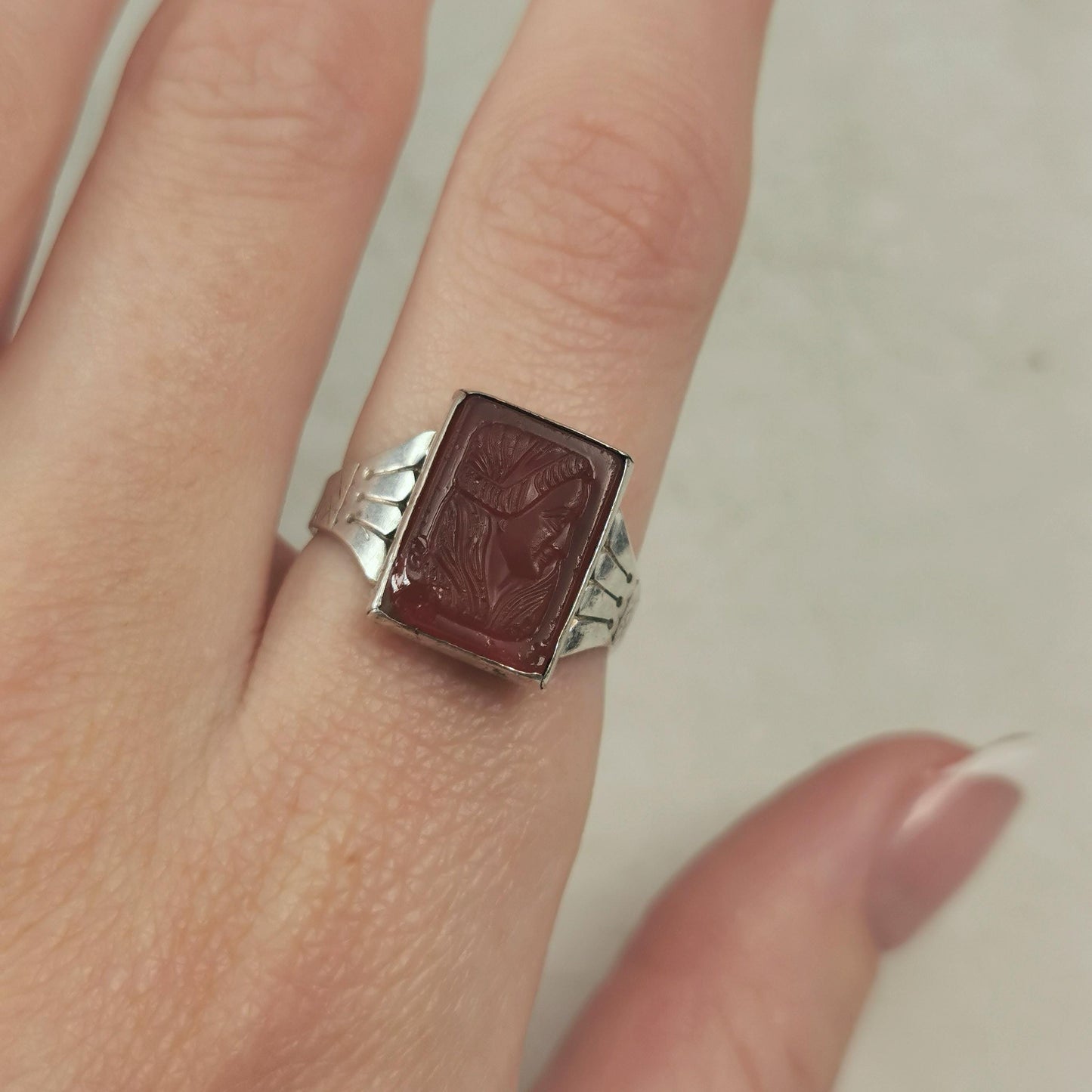 Victorian Sterling Silver Pressed Glass Cameo Ring