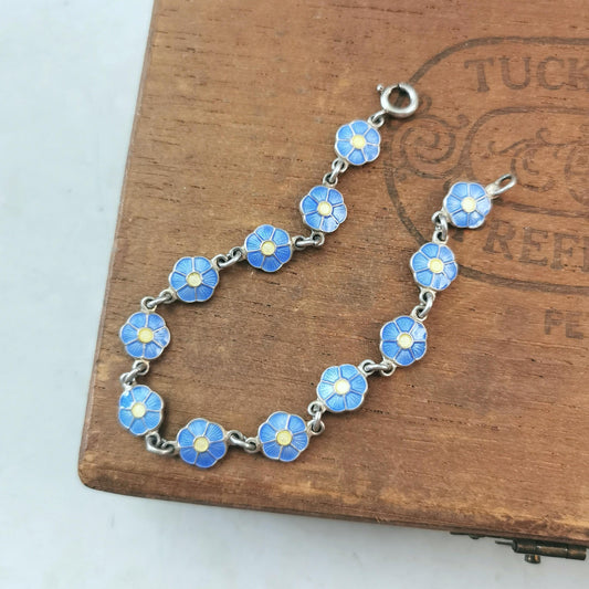 Vintage Volmer Bahner Sterling Silver and Enamel Flower Bracelet - Forget-me-not Blue Enamel Flowers- Adult Bracelet 7.5"