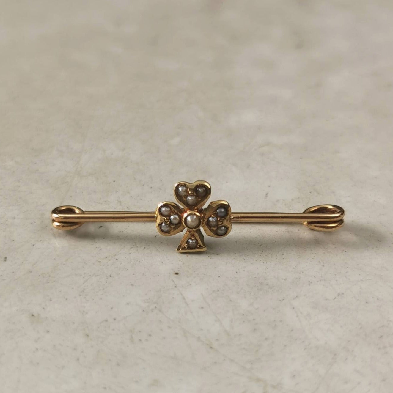 Victorian 14k Yellow Gold Seed Pearl Clover Safety Pin Brooch