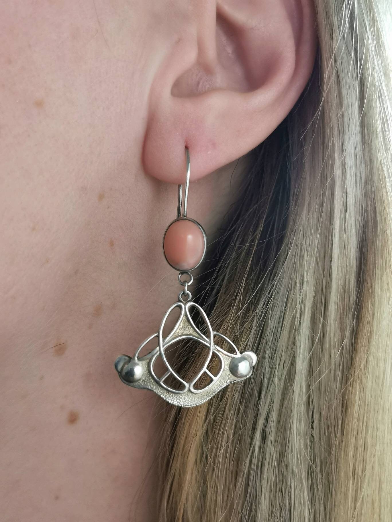 Sterling Silver Art Nouveau Style Russian Coral Dangle Earrings