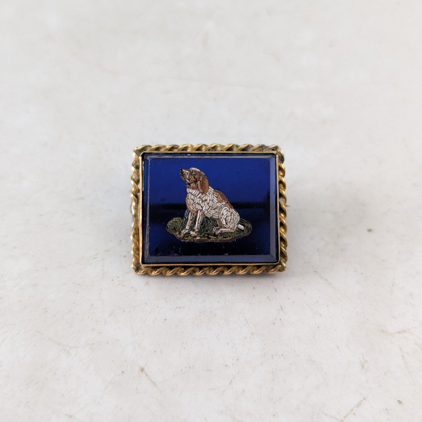 Victorian Gold Plated Micro Mosaic Dog Brooch