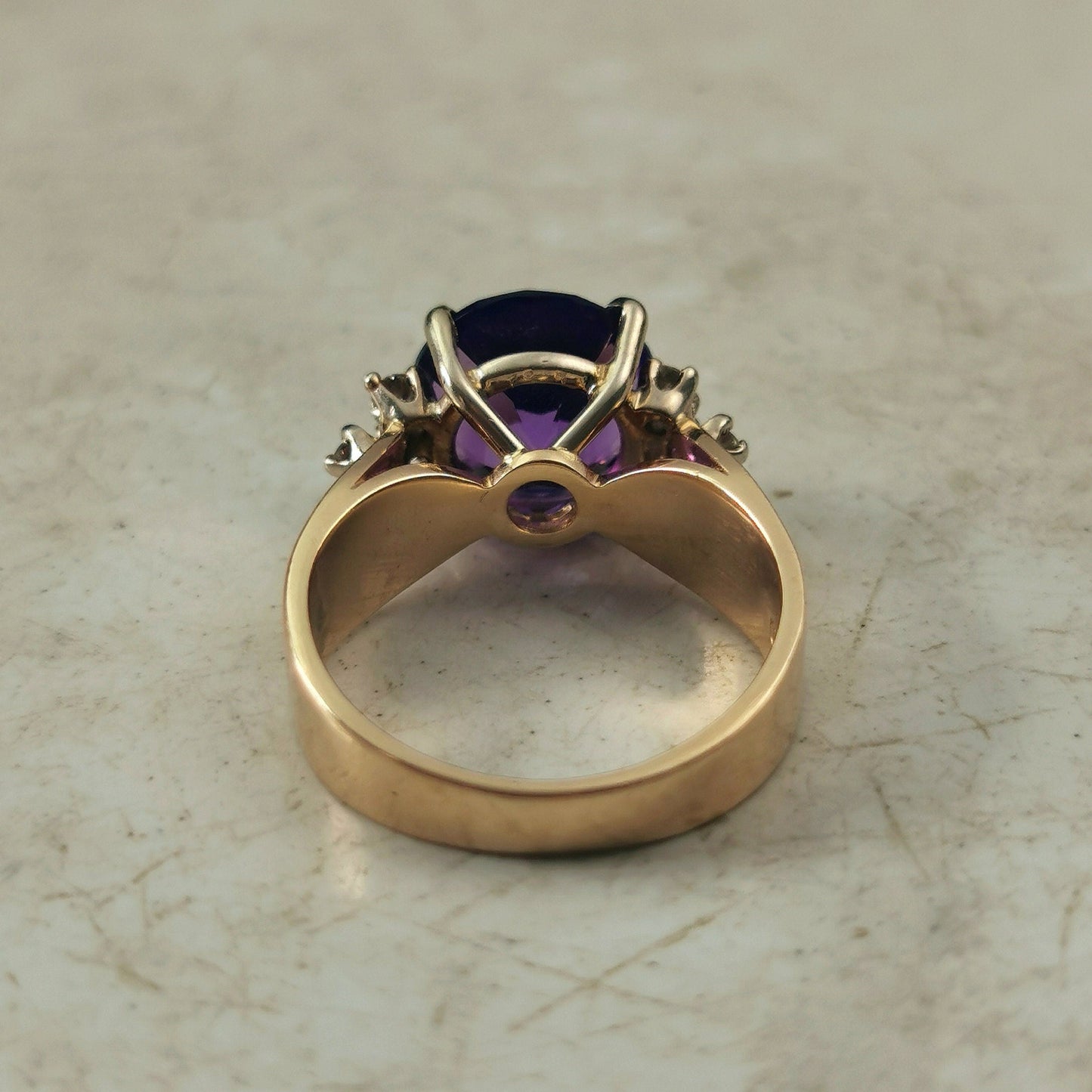 Estate 14k Yellow Gold Large Amethyst & Diamond Ring