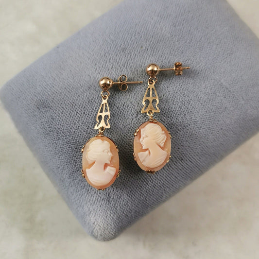 Vintage 10k/9ct Yellow Gold Cameo Filigree Drop Earrings