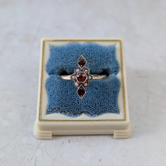 Art Deco 10k Yellow Gold Garnet and Seed Pearl Ring