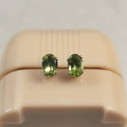 Estate Sterling Silver and Genuine Peridot Stud Earrings - Oval Peridot August Birthstone Earrings