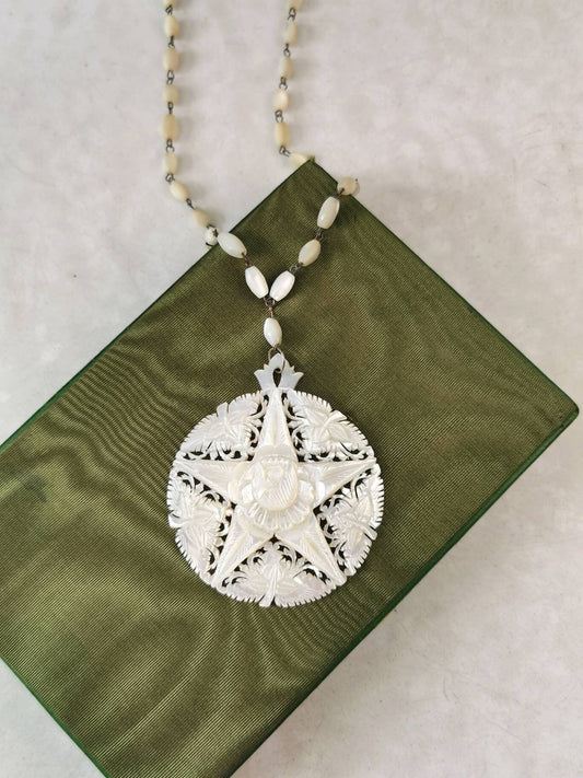 Art Deco Carved Mother of Pearl Pendant Necklace on Beaded Chain