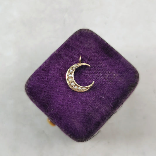 Victorian 10k Yellow Gold and Seed Pearl Crescent Moon Conversion Pendant