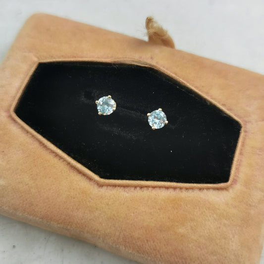 Estate 10k Yellow Gold Light Blue Zircon Stud Earrings - December Birthstone