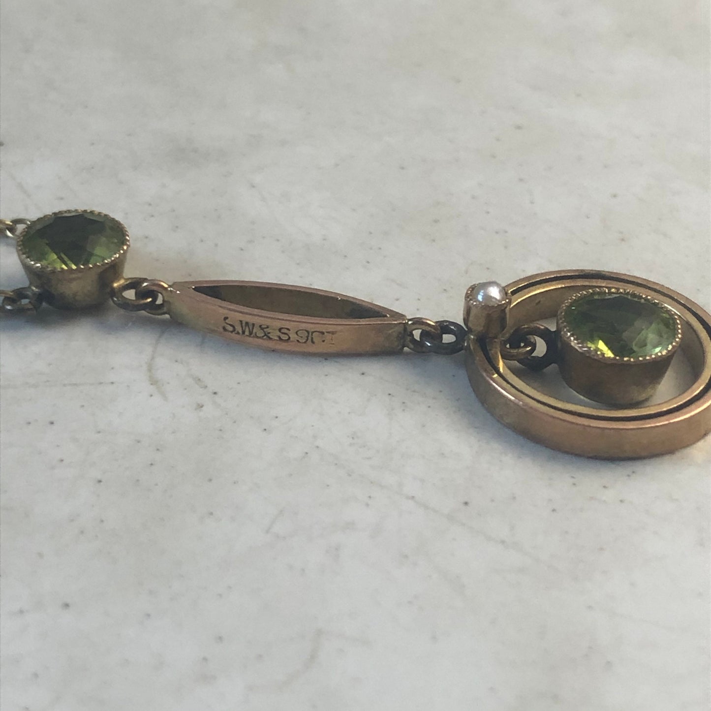 Edwardian 9ct Gold Peridot and Seed Pearl Lavalier Necklace and Matching Brooch Jewellery Suite
