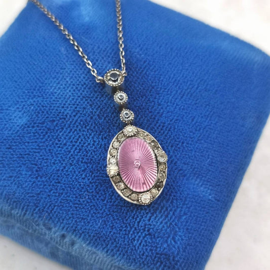 Vintage Sterling Silver Guilloché Enamel & Rhinestone Lavalier