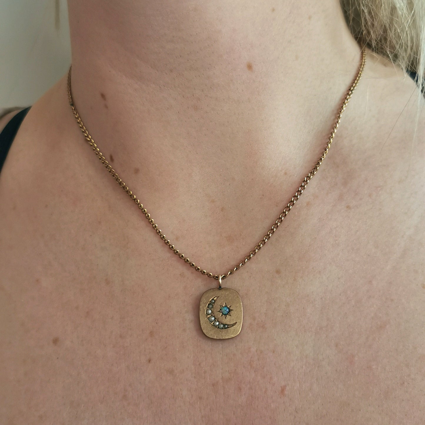Victorian Gold Fill Seed Pearl Crescent Moon & Opal Star Pendant