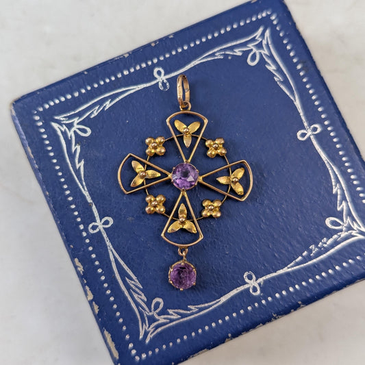 Antique Edwardian 10k Yellow Gold Amethyst Lavalier Pendant