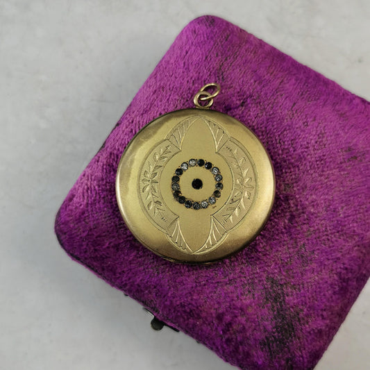 Victorian Edwardian Gold Filled Large Locket - Paste Rhinestone - Flower Patterned Photo Locket