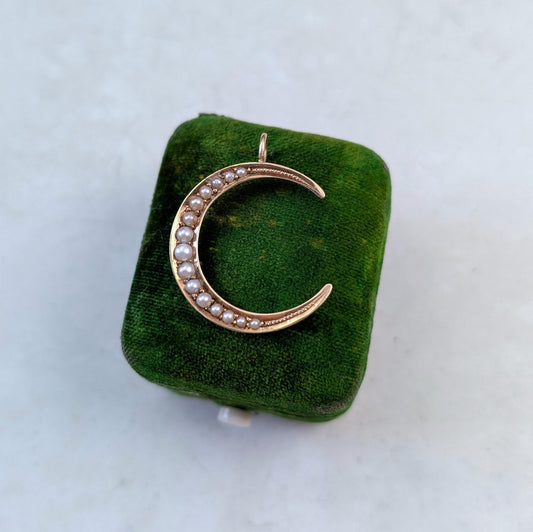 Victorian 14k Yellow Gold Seed Pearl Crescent Moon Conversion Pendant - Solid Gold - Antique Up-cycled Brooch - Medium Size