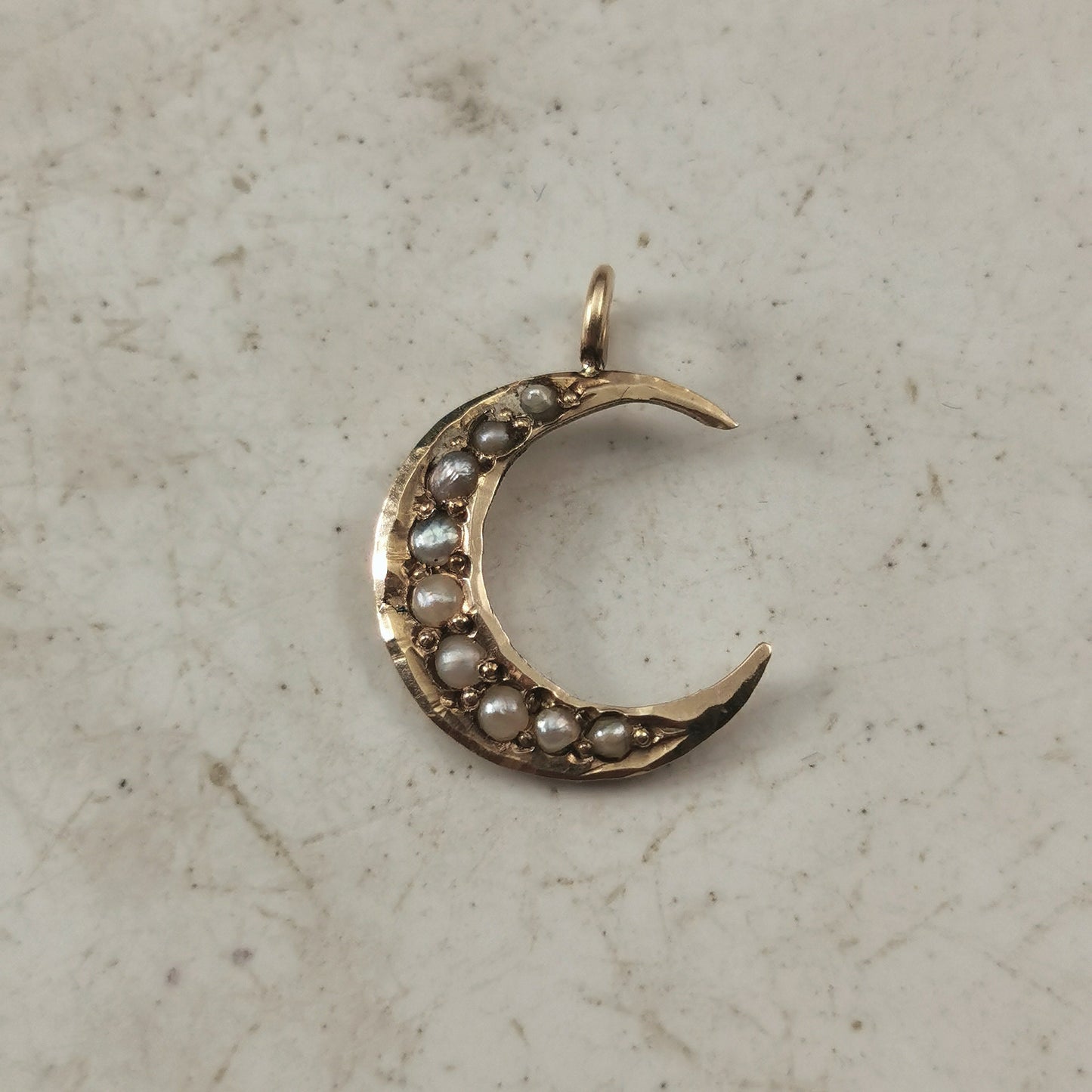 Victorian 10k Yellow Gold and Seed Pearl Crescent Moon Conversion Pendant