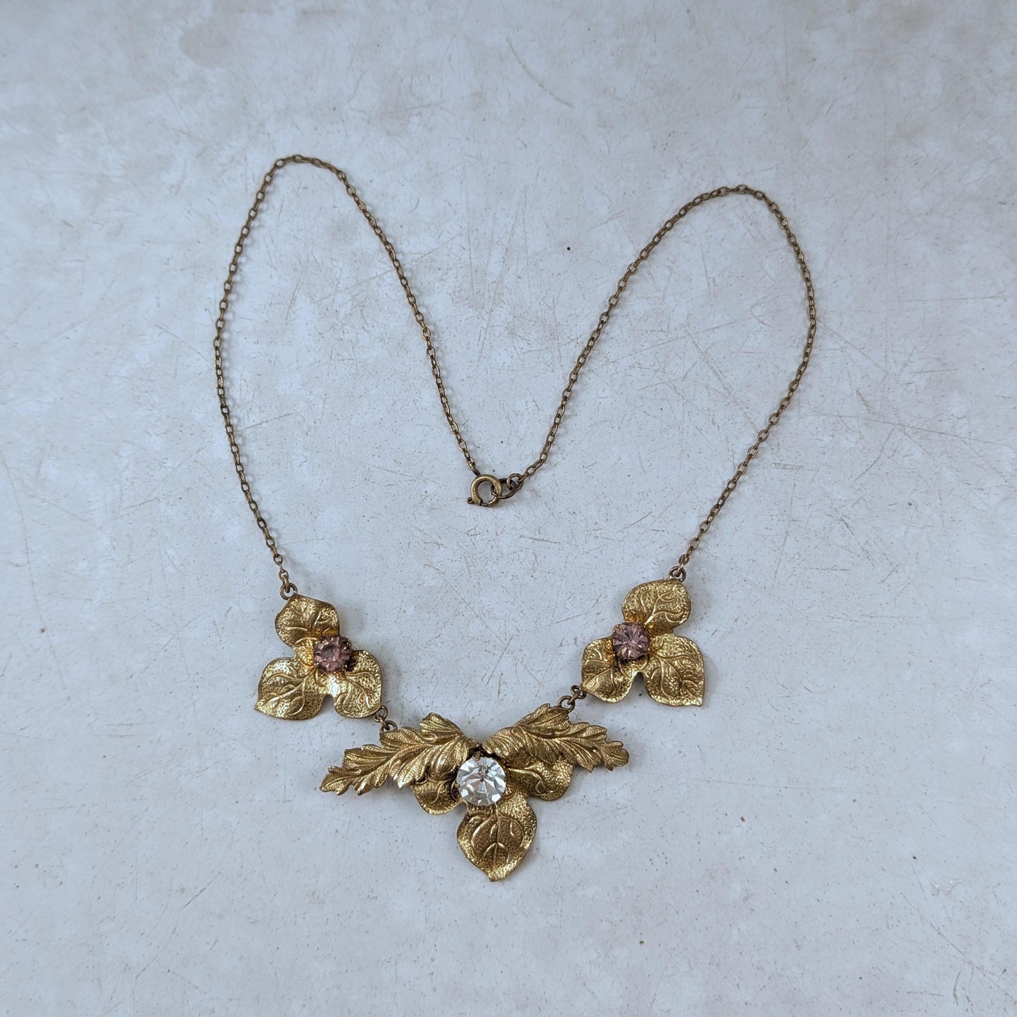 Antique Art Nouveau Brass Ivy Leaf Necklace - Paste Stone Gold Filled Collar Necklace - 16.5"