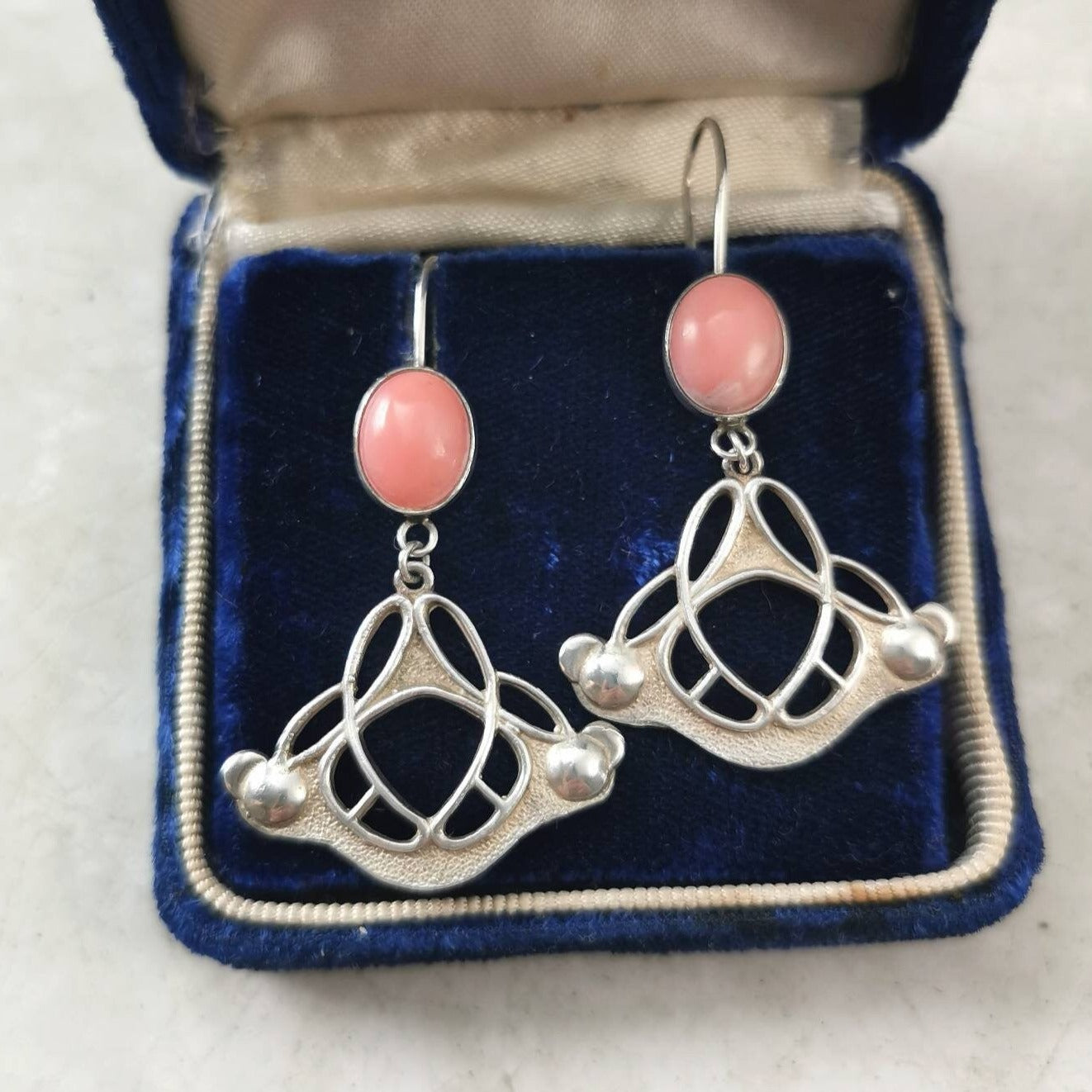 Sterling Silver Art Nouveau Style Russian Coral Dangle Earrings