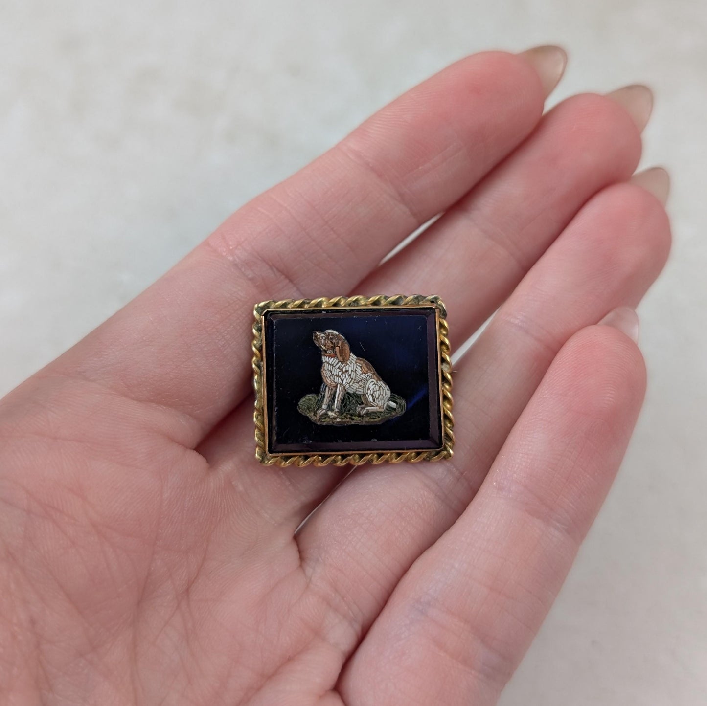 Victorian Gold Plated Micro Mosaic Dog Brooch