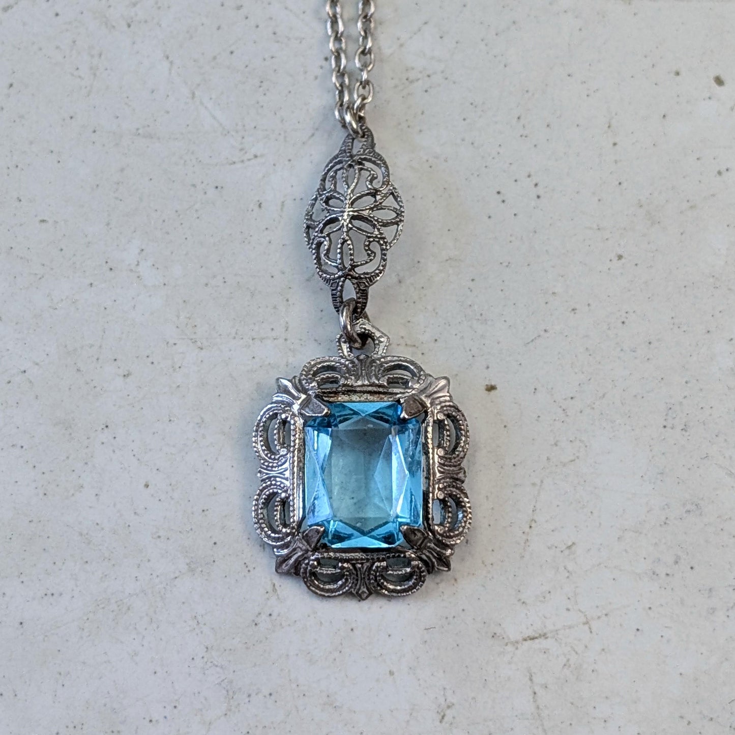 Art Deco Sterling Silver Blue Uranium Glass Set - Ring and Lavalier Necklace
