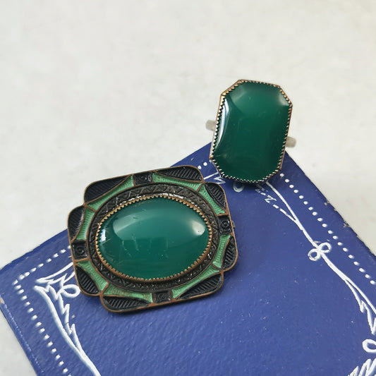 Art Deco Chrysoprase Glass Ring and Brooch SET