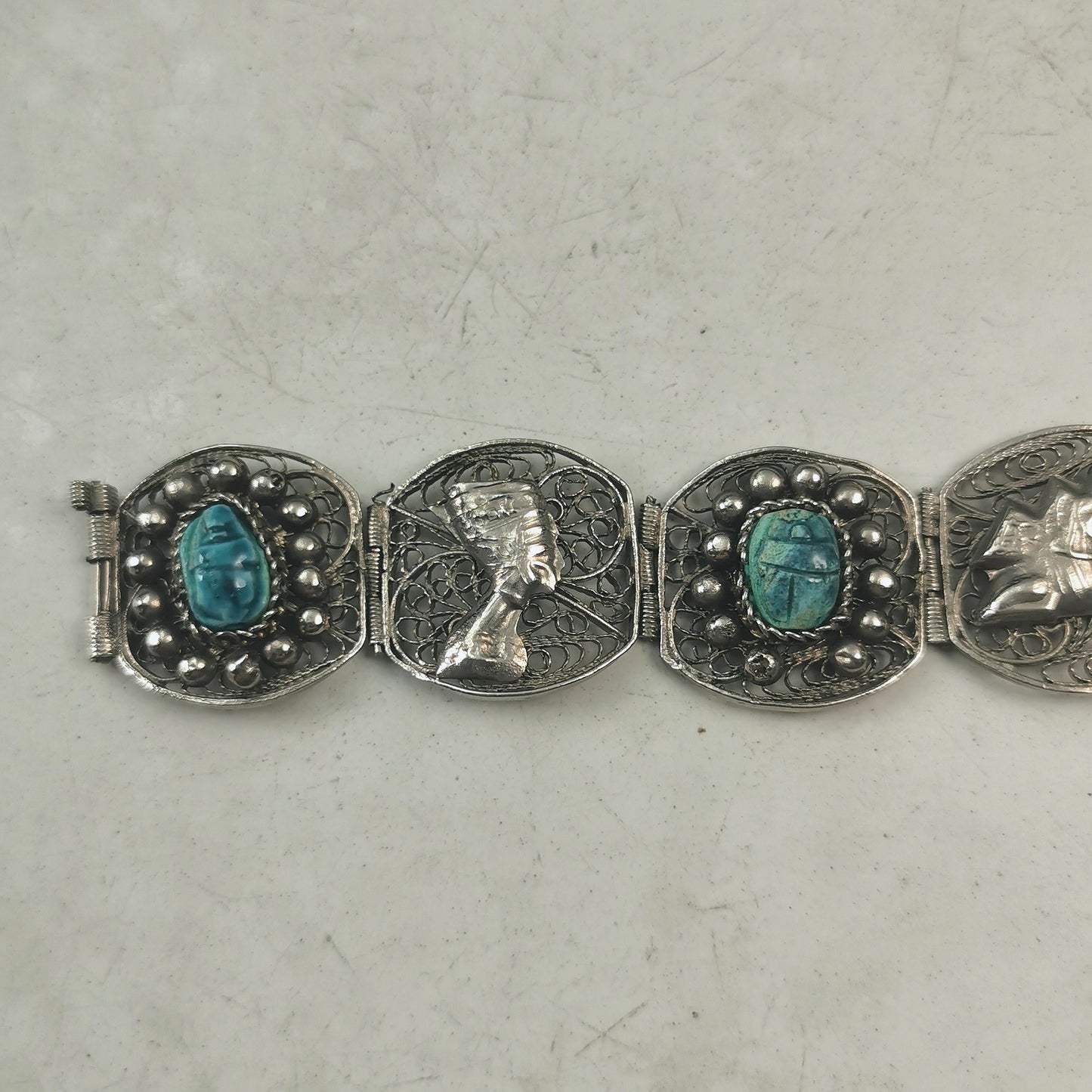 Vintage Egyptian Silver and Faience Scarab Beetle Filigree Bracelet
