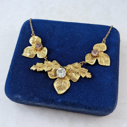 Antique Art Nouveau Brass Ivy Leaf Necklace - Paste Stone Gold Filled Collar Necklace - 16.5"