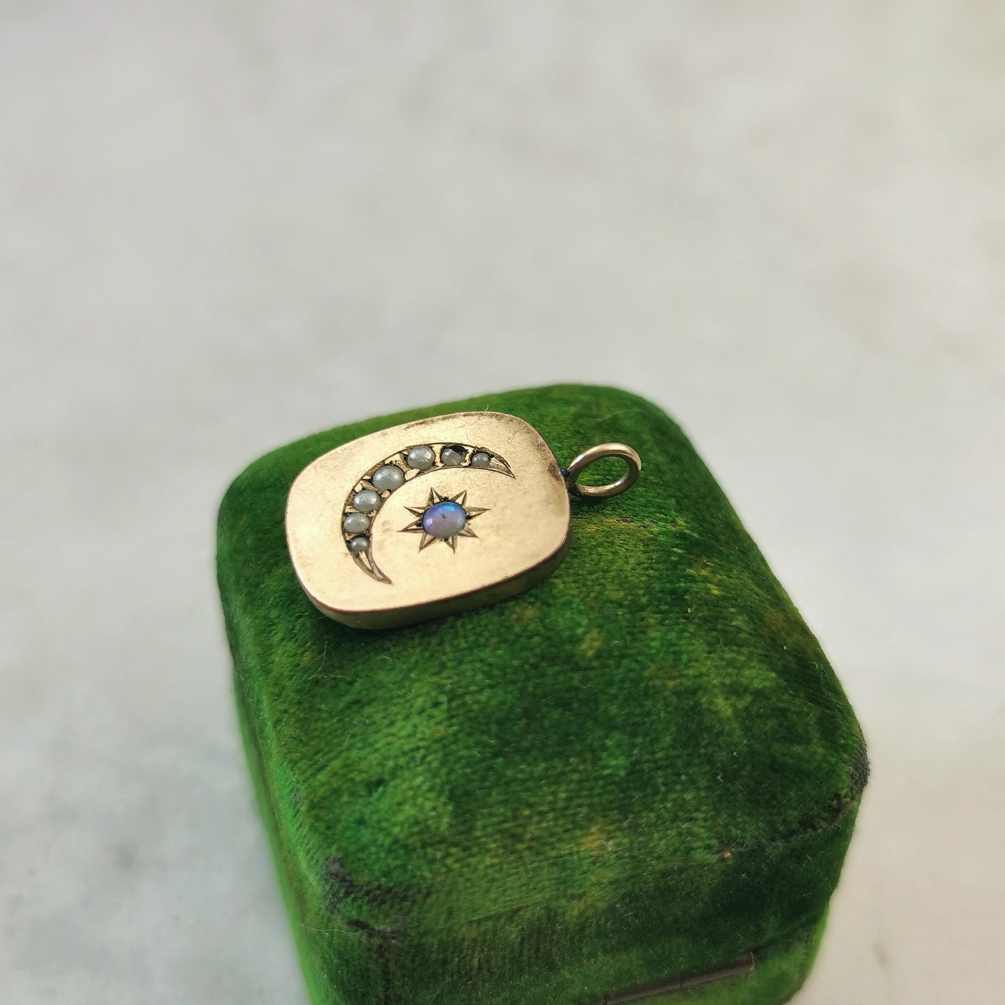 Victorian Gold Fill Seed Pearl Crescent Moon & Opal Star Pendant