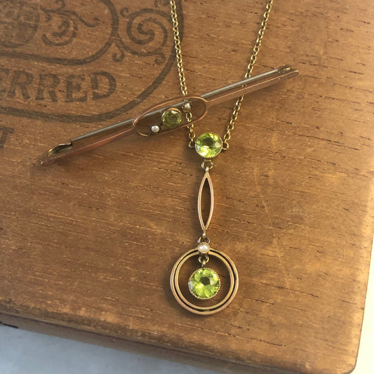 Edwardian 9ct Gold Peridot and Seed Pearl Lavalier Necklace and Matching Brooch Jewellery Suite