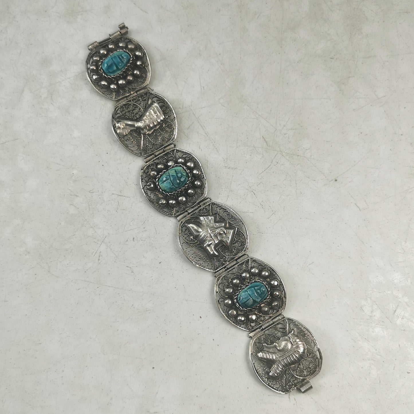 Vintage Egyptian Silver and Faience Scarab Beetle Filigree Bracelet