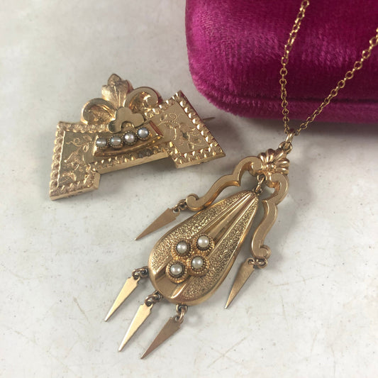 Victorian Gold Filled Seed Pearl Necklace and Brooch Set