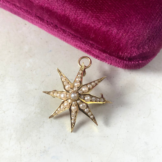 Edwardian 14k Gold Yellow Gold & Seed Pearl Starburst Convertible Pendant Brooch