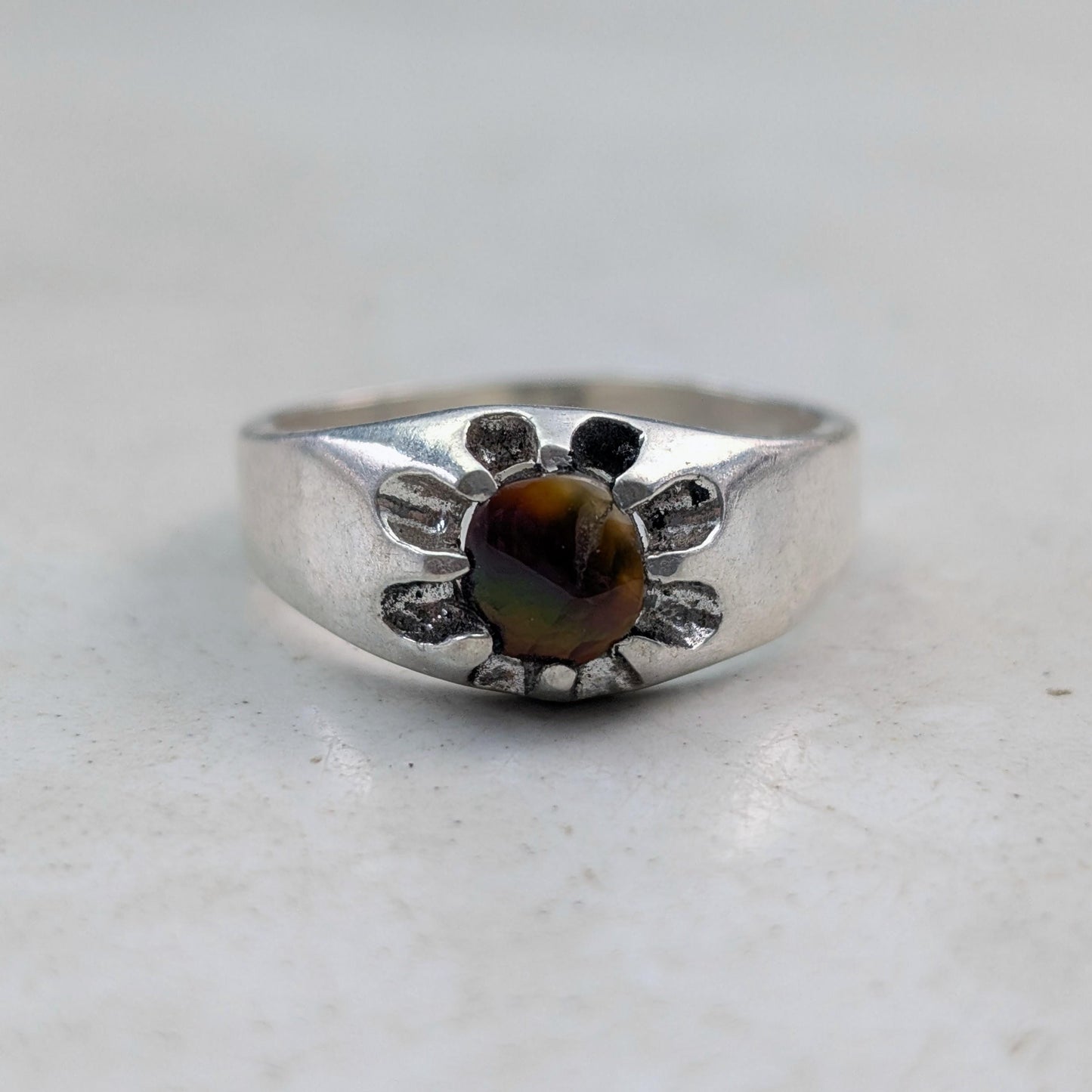 Custom Vintage Sterling Silver Belcher Set Fire Agate Ring