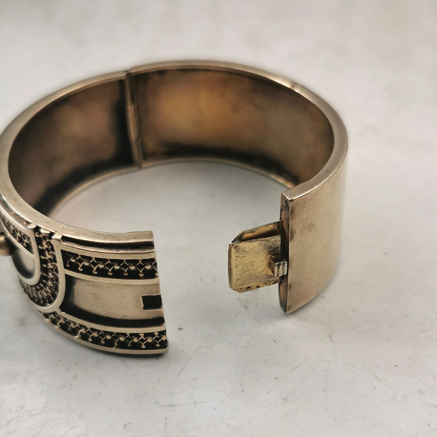 Antique Victorian Gold Filled Estrucan Revival Buckle Cuff Bracelet