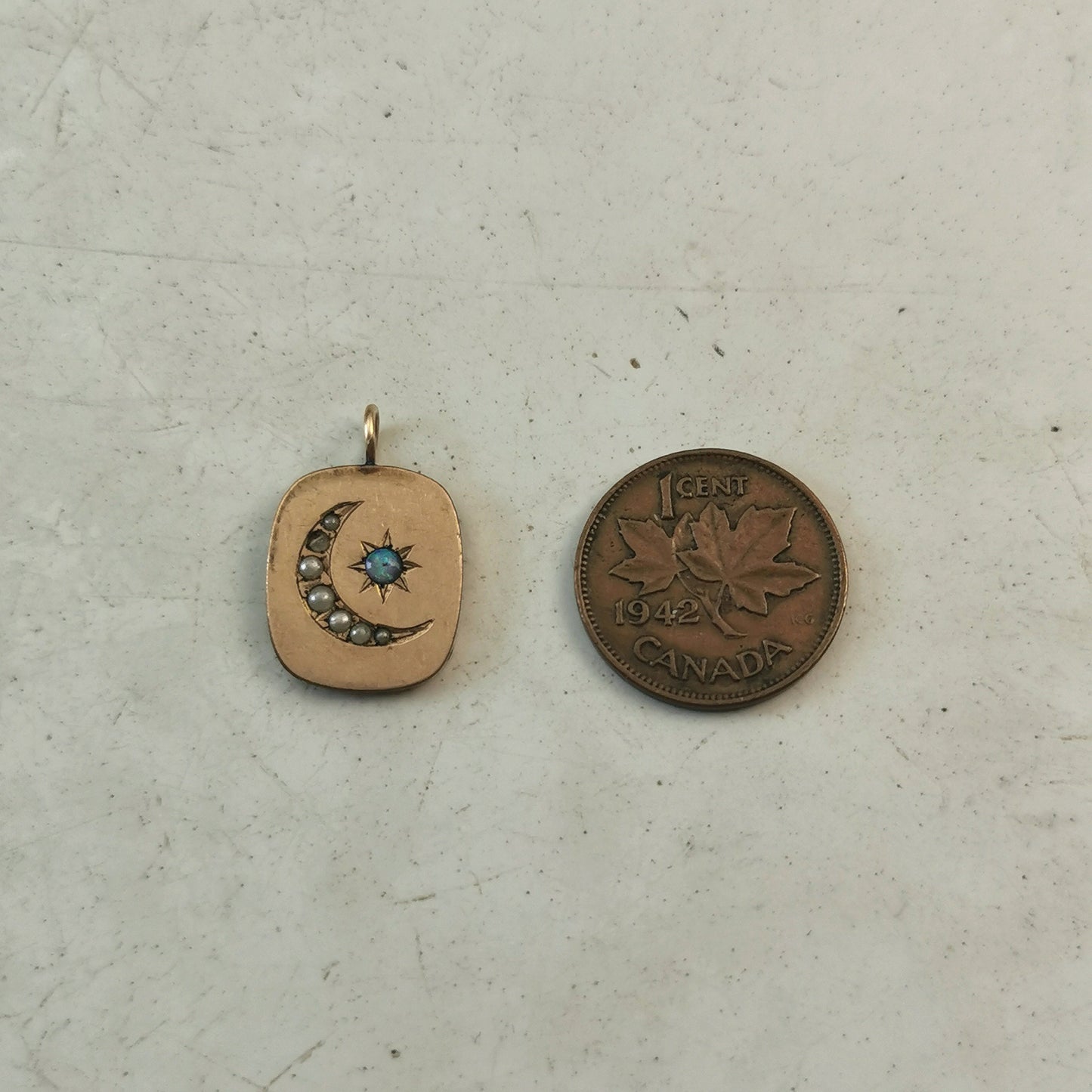 Victorian Gold Fill Seed Pearl Crescent Moon & Opal Star Pendant
