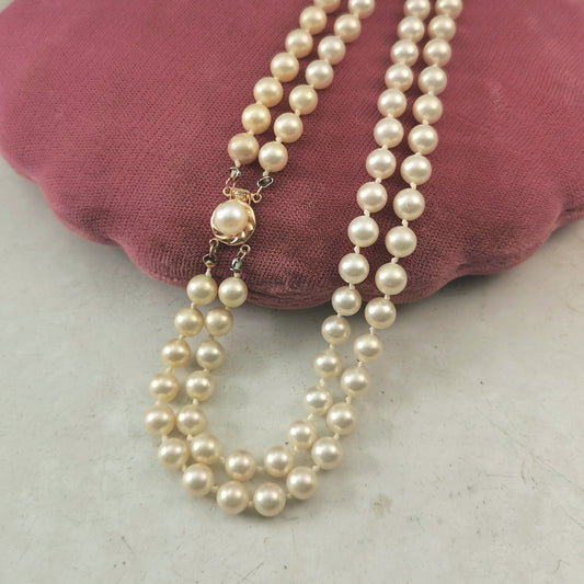 Vintage 14k Yellow Gold High Quality Imitation Double Strand Pearl Necklace - Majorica Pearls