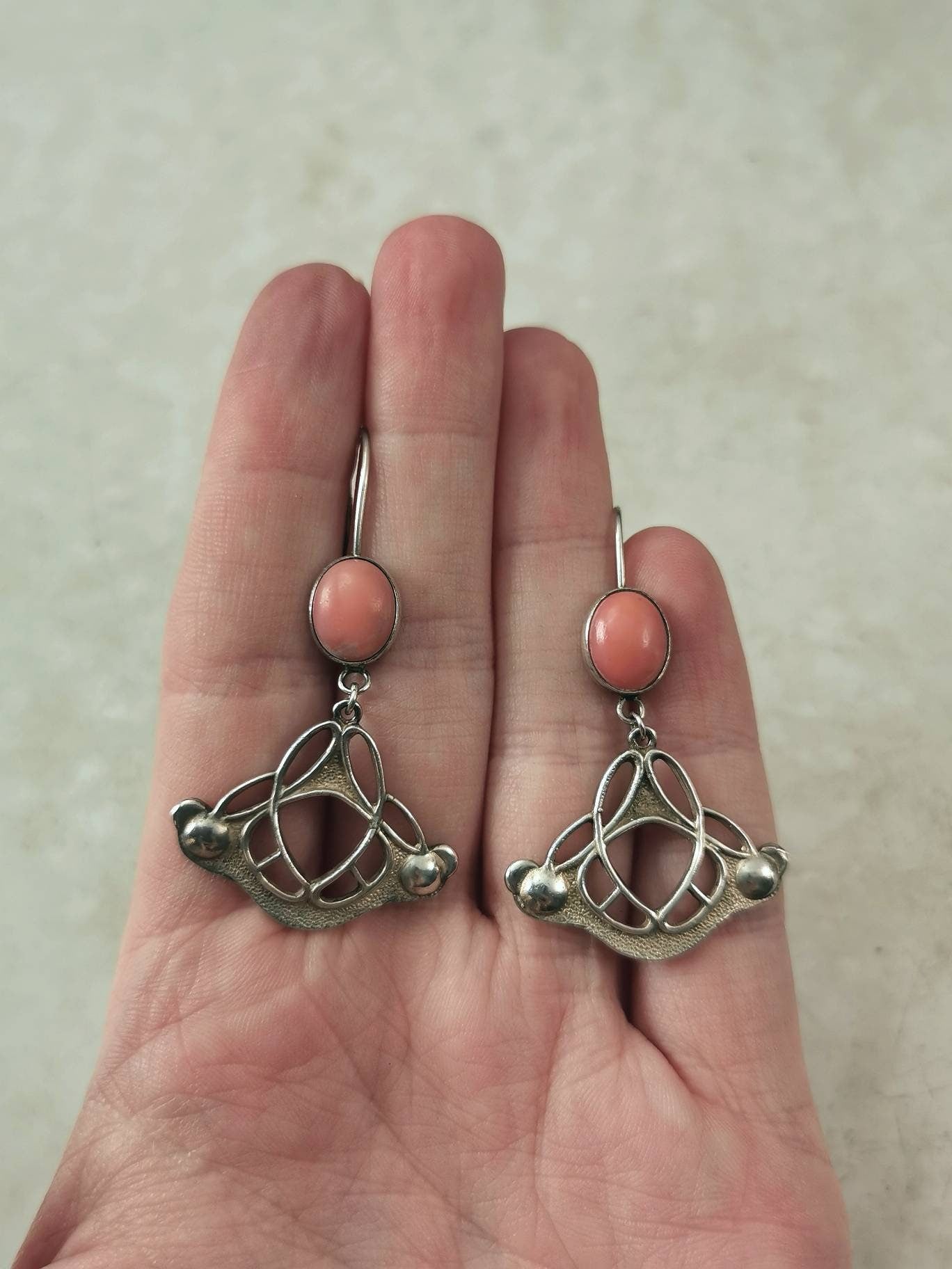 Sterling Silver Art Nouveau Style Russian Coral Dangle Earrings